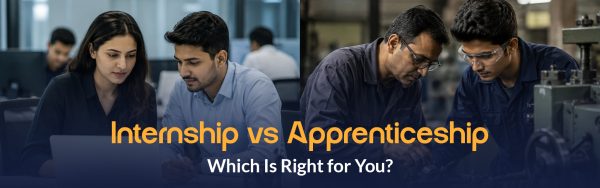 Internship vs Apprenticeship in India – Key Differences Explained Comparison of internship and apprenticeship in India, including eligibility, stipend, training, duration, and career opportunities.
